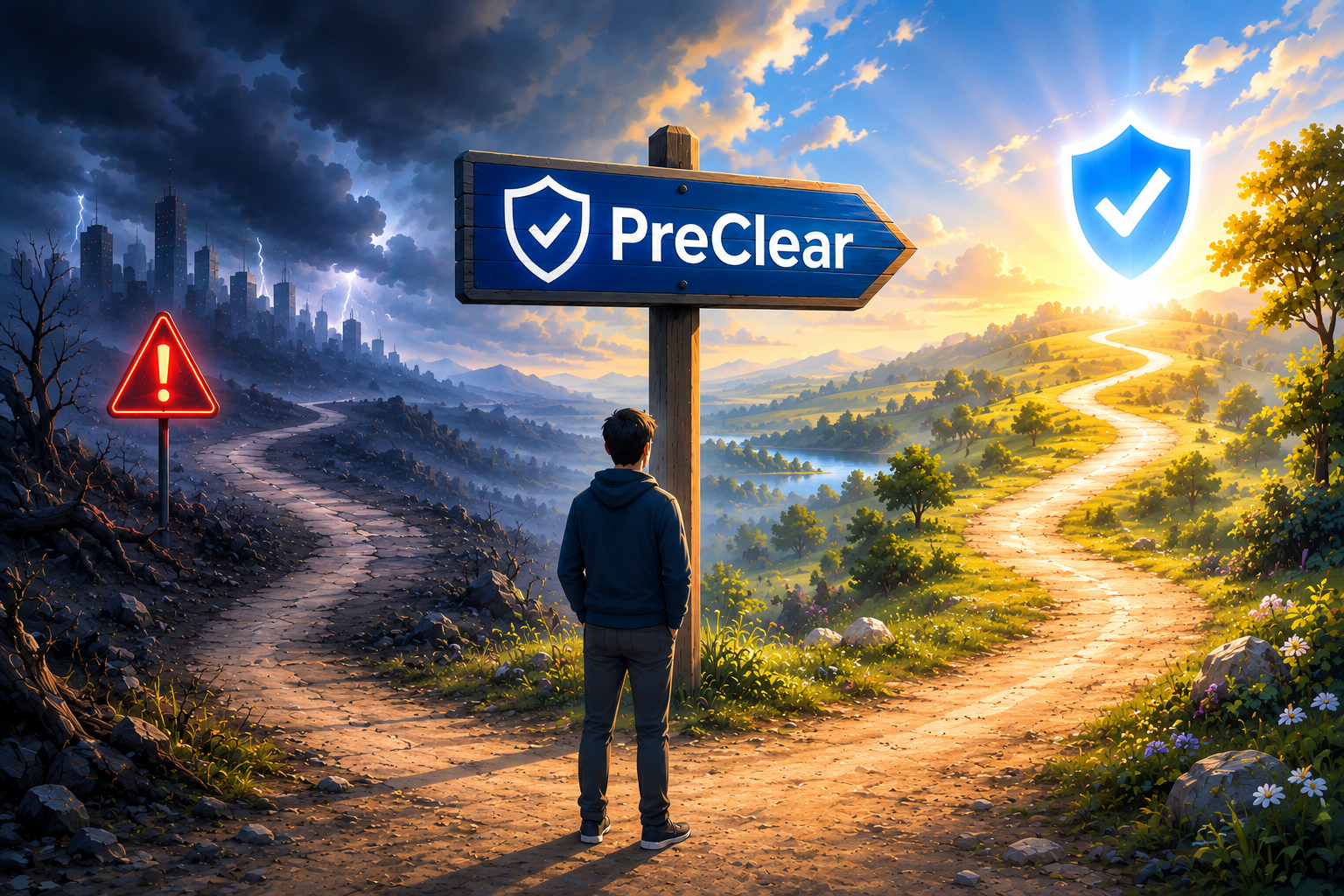 A person at a crossroads choosing between uncertainty and a safer path guided by PreClear.